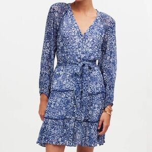 Madewell women's Tie-Waist Tiered Mini Dress in Floral Blue Ditsy 0